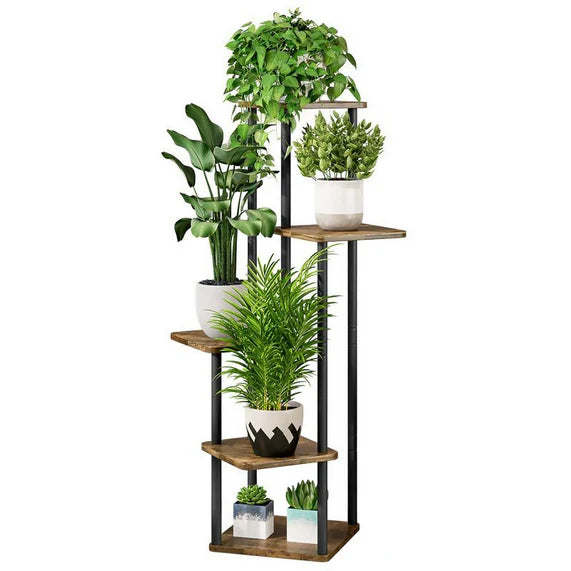 5 Tier Plant Stand - Metal & Wood Standing