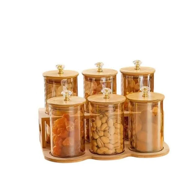 Spice Jar Set - 6 Pieces With Wood Lid + Stand Elegant